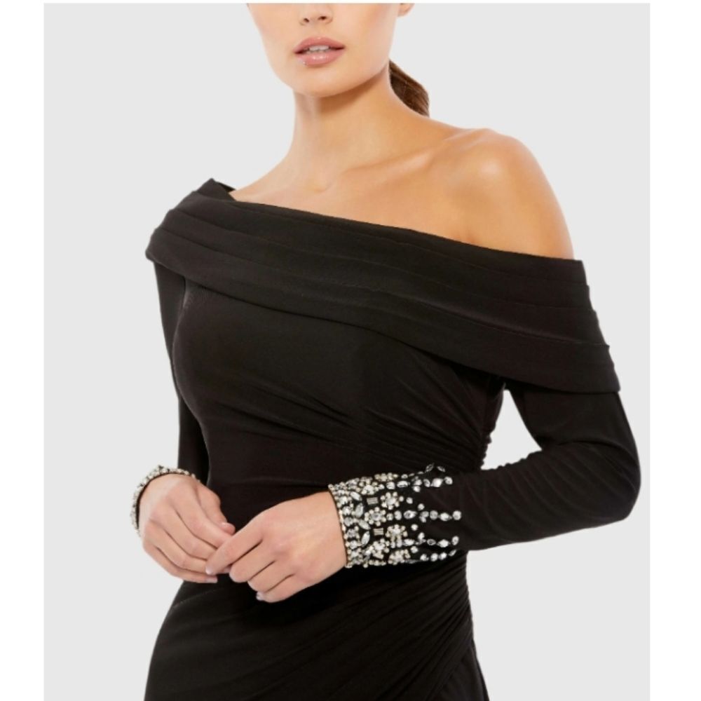 Mac Duggal Black Foldover Long Sleeve Jeweled Midi Dress SIZE 6 NWT Retail $258 - Picture 4 of 14